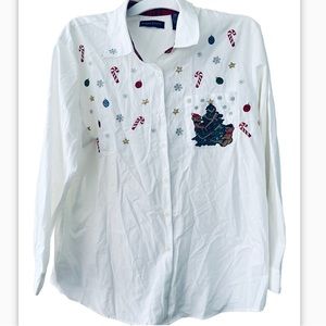 KAREN SCOTT WOMEN'S WHITE EMBROIDERED CHRISTMAS SIZE L